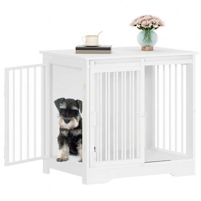 27.2" Dog Crate Furniture With Barn Door, Heavy Duty Dog Kennel Indoor With 2 Doors, Wooden Pet Cage End Table For Small Medium Dogs Up To 22 Lb, Anti