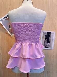 Cropped Elastic Blouse With Ruffle - Baby Pink - View 2
