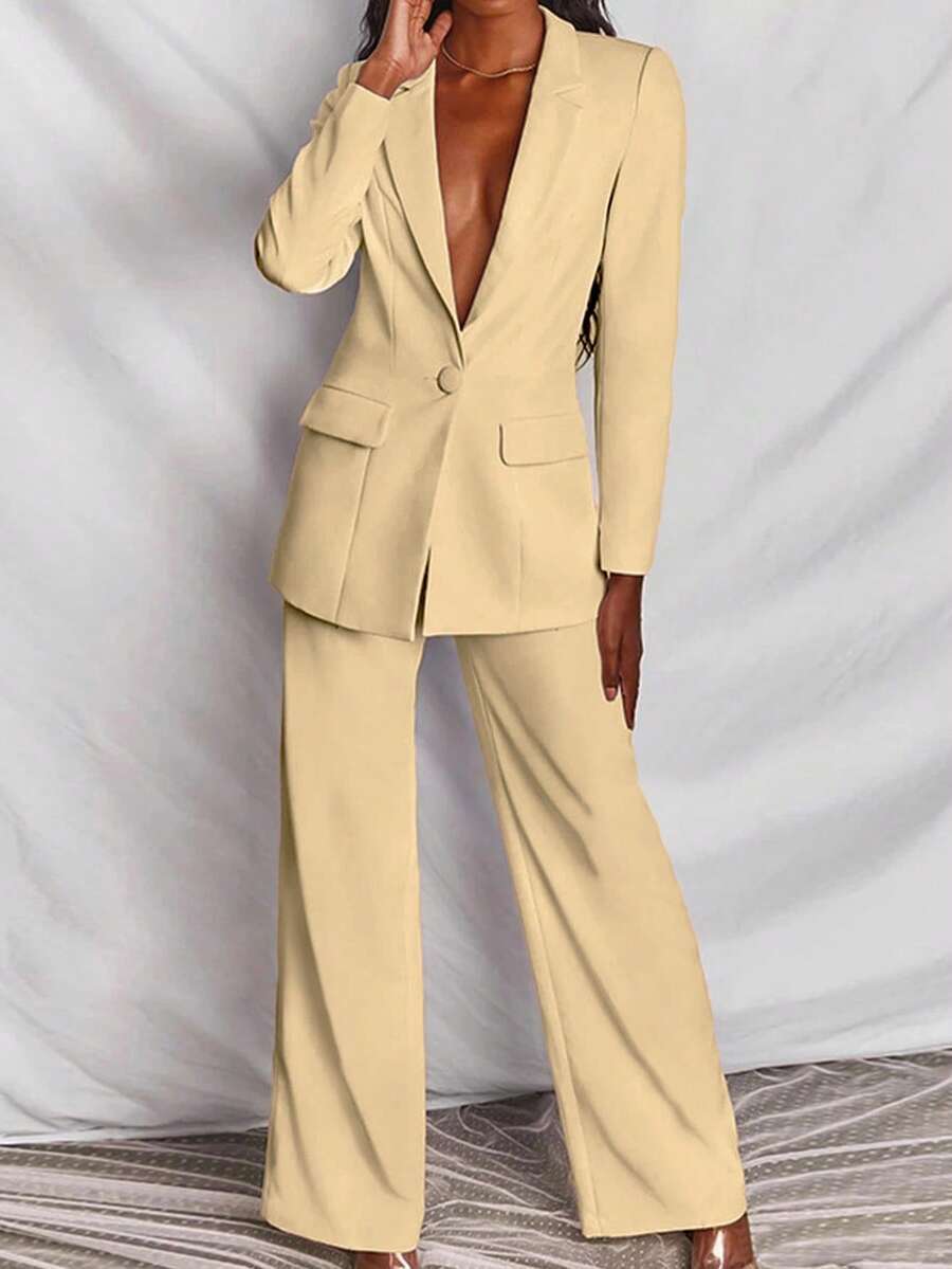 2pcs Women Solid Color Long Sleeve Blazer Jacket And Pants Suit Set - Khaki - View 1