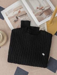 Korean Style Elegant Textured Crew Neck Sweater For Women, Long Sleeve Embroidered Pullover - Black - View 6