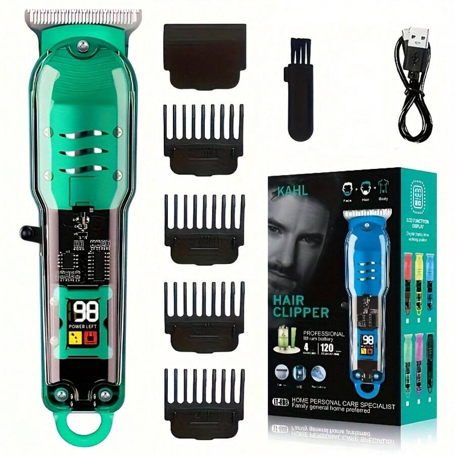 Vintage Transparent Body Men's Hair Clipper | Professional Electric Trimmer With LCD Screen - Hair Cutting & Beard Trimming  Wireless USB Charging  Ideal Valentine's Day Gift For Husband & Dad(Yellow/Green/Red/Black) - màu xanh lá - Xem 1