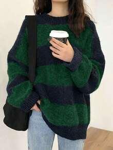 Valentine's Day Women's Oversized Stripe Sweater 2026 Spring Y2K Crewneck Knit Top,Loose Fit Long Sleeve Pullover - 綠色 - 查看 4