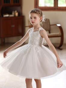 少女白色蕾丝刺绣薄纱花童婚纱 - 白色 - 查看 6