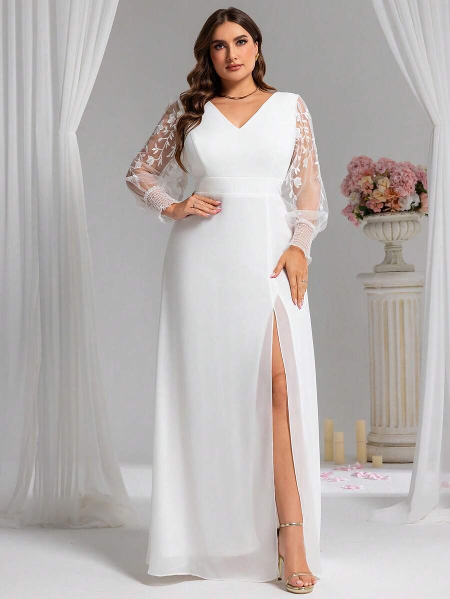 Elegant Chiffon High Slit Embroidered Long Sleeve White Formal Dress, Suitable For Bridal Engagement Party Wear, Spring/Summer