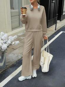 Fisoew Women Batwing Sweatshirt Wide Leg Pants Set Casual Fall Loungewear Two Piece Outfit Cozy Sweatsuit - Khaki - View 2