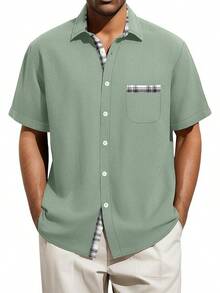 Men's Big And Tall Linen Shirts, Button Down Short Sleeve Summer Shirt Casual Cotton Beach Vacation Tops With Pockethalloween - Light Green - Xem 1
