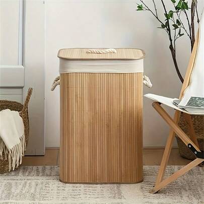 Bamboo Laundry Basket With Lid And Handle, Classic Design, Large Capacity Foldable Storage Basket, Rectangular And Round Shape, Multi-Functional Lining, Clothes Storage Basket, Suitable For Home Bedroom Or Laundry Room - Perfect Gift!