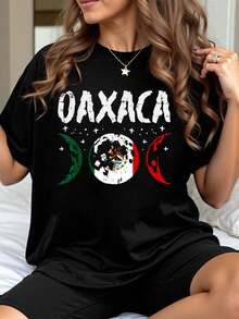 100% Cotton Women Christmas T-Shirt Mexican Independence Day Oaxaca Mexico Moon Men Women Kids T-Shirt Print T-Shirt Casual Crew Neck Short Sleeve Comfort Tee Top For Spring & Summer Women's Clothing - 黑色 - 查看 1