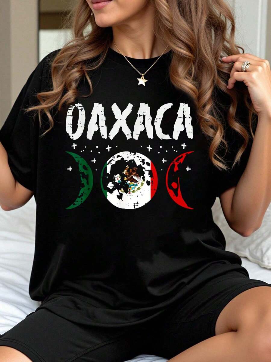 100% Cotton Women Christmas T-Shirt Mexican Independence Day Oaxaca Mexico Moon Men Women Kids T-Shirt Print T-Shirt Casual Crew Neck Short Sleeve Comfort Tee Top For Spring & Summer Women's Clothing - 黑色 - 查看 1