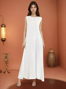 BEAUTY AMINAH 缎面百搭宽松吊带背心连衣裙，无袖丝绸休闲连衣裙 - 白色 - 查看 4