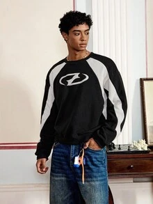 男士宽松针织长袖套头衫，街头风格 - 黑色 - 查看 4