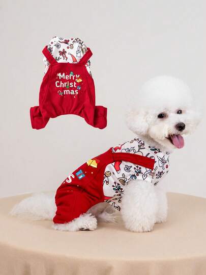 圣诞节宠物狗圣诞老人印花羊毛保暖柔软连体裤，适合小型犬的休闲日常服装