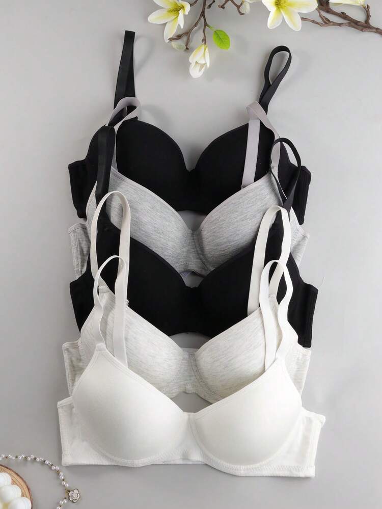 Set de 5 sujetadores con aros de unicolor, sujetadores push-up sexy y cómodos - sin relleno, con tirantes ajustables - Multicolor - Añade 3