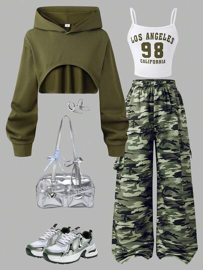 3件套/组 少女休闲可爱连帽纯色露脐长袖上衣、字母印花背心和迷彩裤，秋冬季