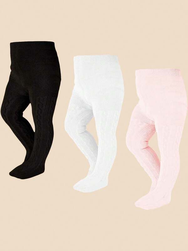 3 Pairs Random Black/White/Pink Colors Baby Tights Cable Knit Stockings Pantyhose For Toddler Girls, Baby Essentials Long Socks Leg Warmers Leggings, Soft Warm For Daily & Autumn Winter Wear, Halloween Christmas Xmas Gift