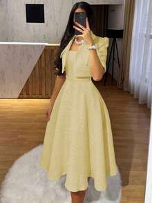 两件套：优雅法式复古硬币印花吊带裙+短袖外套，春季修身两件套 - 黃色 - 查看 3