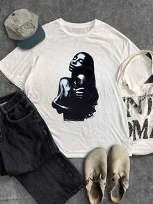 Women's Loose Street Style Vintage Pop Fun Portrait Print Short Sleeve T-Shirt, Streetwear, Tops - White - View 5