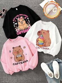 3件套女童休闲印花圆领卫衣，秋冬学生少女装长袖上衣 - 水豚冰淇淋可爱动物情人节 - 粉色 - 查看 8