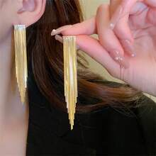 Golden Metal Chain Tassel Design Dangle Earrings Elegant Bling-Bling Style Copper 18K Gold Plated Jewelry Female Gift - 金色 - 查看 5