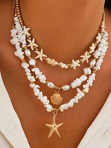 3pcs/Set Bohemian Beach Vacation Style Personalized Necklace Set, Including Random Gemstone, CCB Faux Pearl, Starfish And Shell Pendant Necklaces, Suitable For Women Beach Vacation Outfit - Gold - View 6