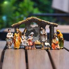 LUMIARTISAN Classic Christmas Scene Set - Resin Christmas Trunk Decoration With Jesus Statue, Perfect Holiday Gift For Home And Office, Nativity Statue Ornament, 12 Piece Christmas Gift Set