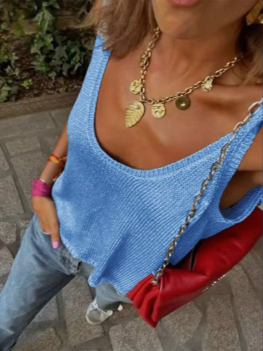 Women's Casual Round Neck Sleeveless Knitted Tank Top, Solid Color Streetwear Summer Vacation Top