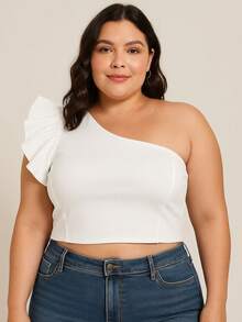 Women's Plus Size Suplex Crop Top With Padded Mule Sleeve With Ruffle - Blanco - Ver 2