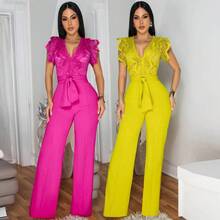 Women's Jumpsuit: Sexy V-Neck Sleeveless Solid Color - Tie-Waist Wide-Leg Pants - 黃色 - 查看 2