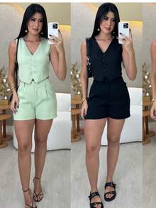 Women's Casual Tailored Set Vest And Shorts Summer 2025 - 綠色 - 查看 2