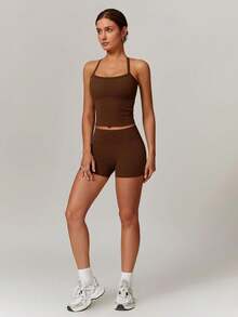 Women's Yoga Outfits Backless Strappy Sports Bra And High Waisted-Lifting Shorts Matching Workout Set - Hồng 1 - Xem 9