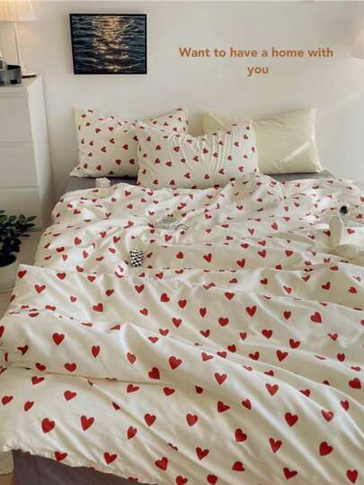3pcs Heart Print Bedding Set, 2 Pillow Covers + 1 Duvet Cover (Inserts Not Included)