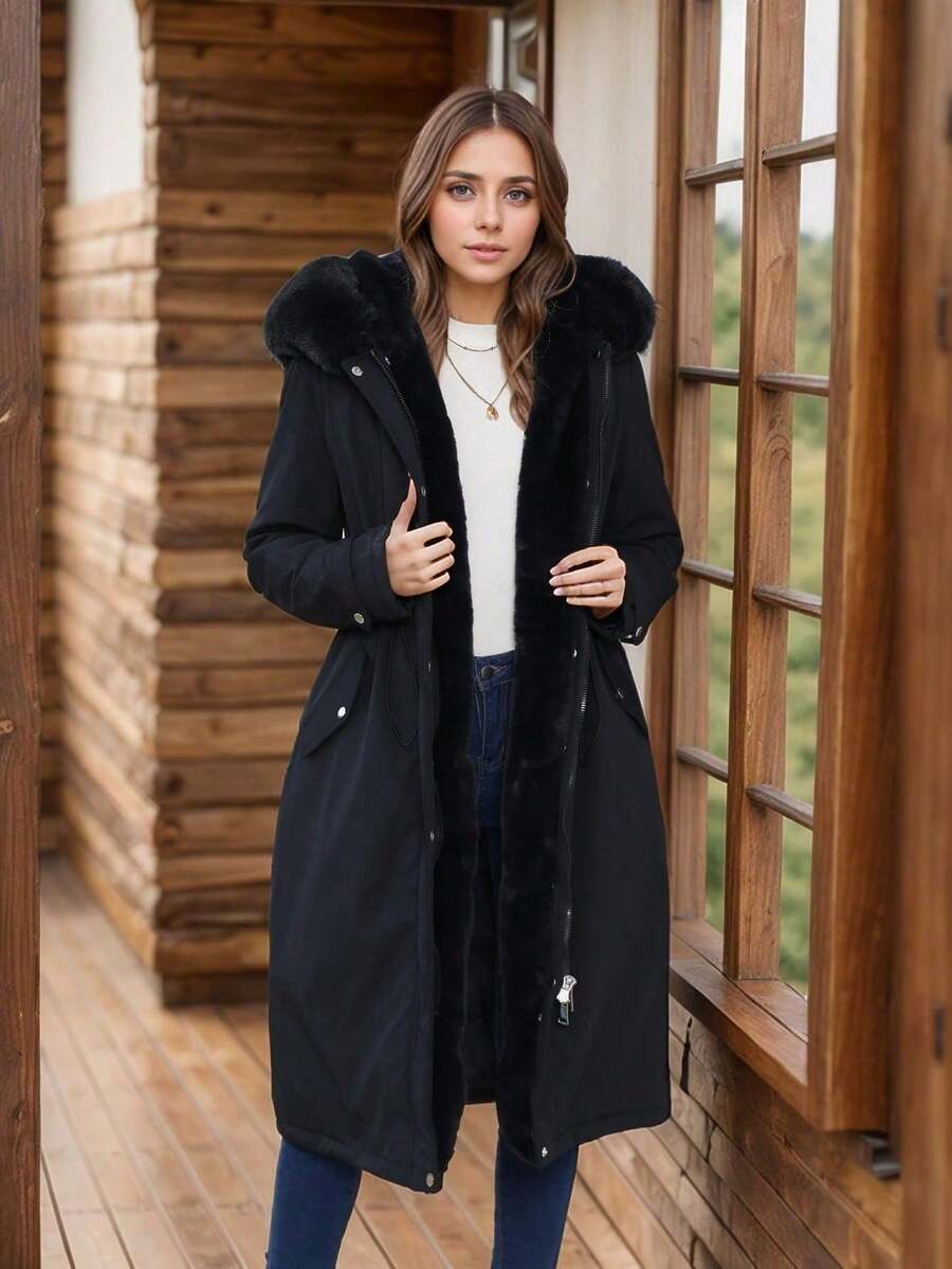 Chaqueta de longitud media para mujer con cuello de piel sintética y cinturón, adecuada para otoño/invierno
