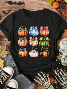 Camiseta gráfica de mujer 100% algodón, divertida, de Halloween, coqueta, con lazo, calabaza, otoño, camiseta de Acción de Gracias - Negro - Ver 1