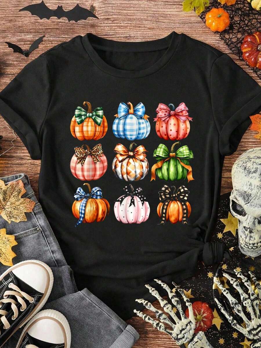 Camiseta gráfica de mujer 100% algodón, divertida, de Halloween, coqueta, con lazo, calabaza, otoño, camiseta de Acción de Gracias - Negro - Ver 1