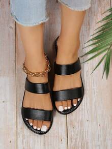 全新大码女式露趾平底凉鞋，舒适简约设计，休闲一脚蹬海滩度假风格，夏季 - 黑色 - 查看 3