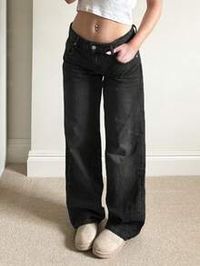 MYOURSA Low Rise Baggy Wide Leg Jeans Streetwear Casual Washed Vinatge Outfits - Black - View 7