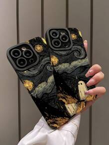 1 pieza Funda de teléfono de alta gama a prueba de caídas y huellas dactilares, con diseño de rayas verticales y estilo fantasma negro vintage de Van Gogh, compatible con Apple y otros modelos
