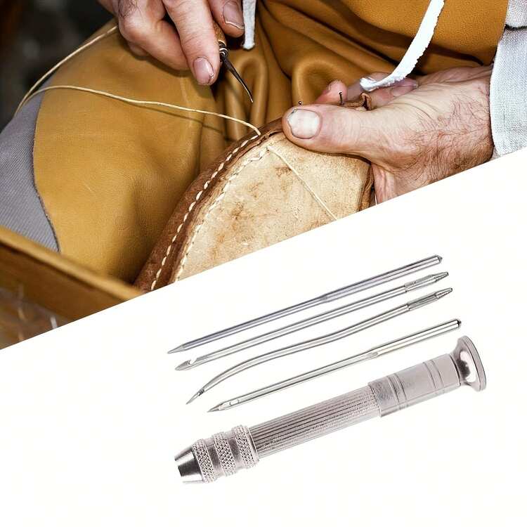 A Set Of Leather Sewing Awl Needle Kits, 1 Set Of Metal Hand Sewing Awls, Hand Needles For DIY Leather Crafts, Shoe And Bag Repair, Suitable For All Seasons - Gray - 1套(5件) - 查看 11
