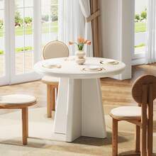 LITTLE TREE Round Dining Table For 2-4, 31.5-Inch Small Kitchen Table With Sturdy Base, Modern Dinner Furniture For Dining Room, Kitchen, Living Room (White) - 白色 - 查看 9