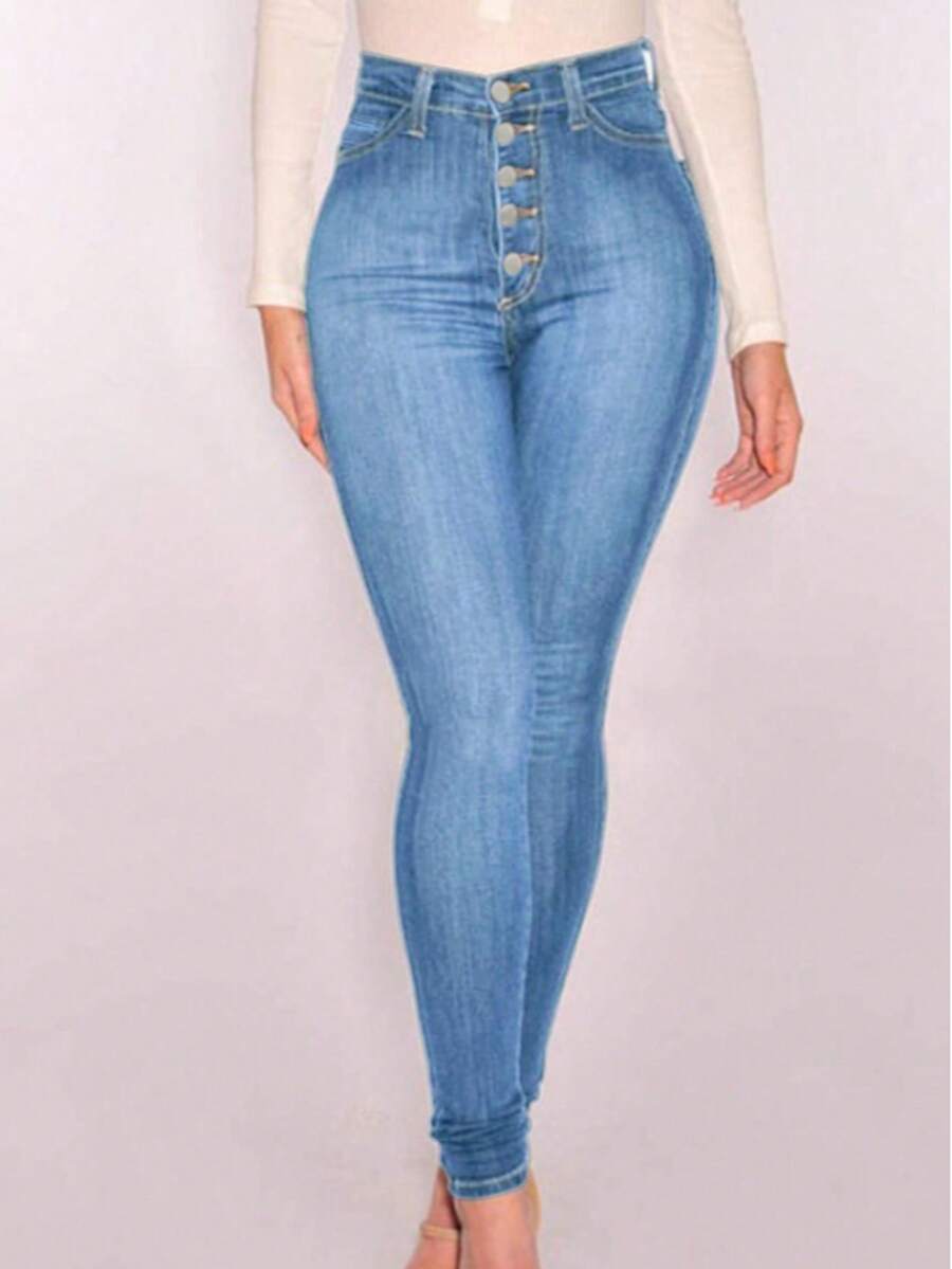 Quần jean skinny nữ dáng ôm, cài cúc phía trước, kiểu dáng thường ngày. - Rửa nhẹ - Xem 1