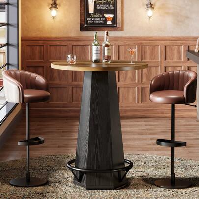 Tribesigns Round Bar Pub Table, 39.4" H Bistro Cocktail Table With Metal Footrest, Industrial Home Bar High Top Unit, Small Spaces (Black & Brown)