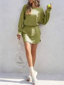 Women Long Sleeve Active Dress Backless Keyhole Workout Dress With Built In Shorts Oversized Athletic Skort Dress Tennis Core Aesthetic Gym To Street Fashion Tummy Control 2024 Sporty Dresses - 軍綠色 - 查看 5