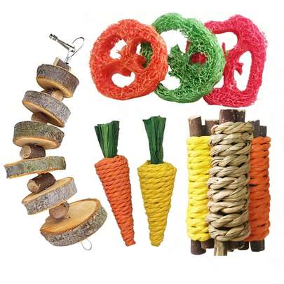 Luffa Woven Small Pet Toy Set, Suitable For Rabbits, Hamsters And Other Small Pets. Cleans Teeth, Chewing Toy, Multiple Sizes, Random Colors, Suitable For All Seasons