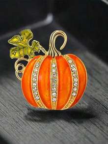 Glittering Crystal Pumpkin Brooch, Enameled Zinc Alloy Material, Suitable For Halloween And Casual Decoration - 橘色 - 查看 1