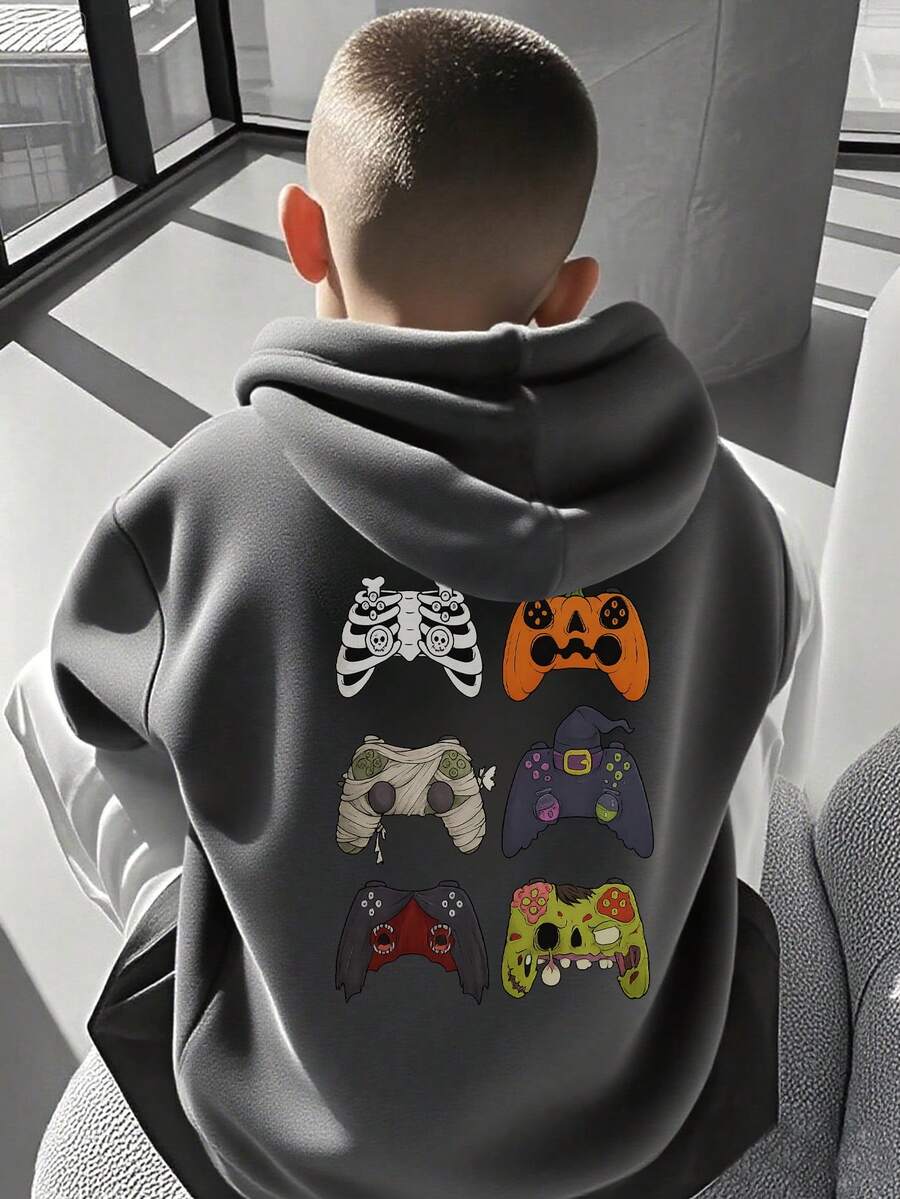 1pc Tween Boy Casual Bandage Skull Print Pullover Sweatshirt, Funny & Colorful Hooded Top For Students, Autumn/Winter - Dark Grey - View 1
