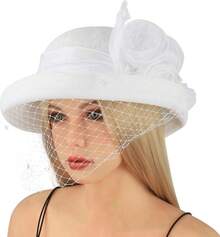 Sombrero de iglesia con flor para mujer con fascinador, sombreros para boda, fiesta del té, sombrero bombín, sombrero de cubo - Blanco - Ver 3