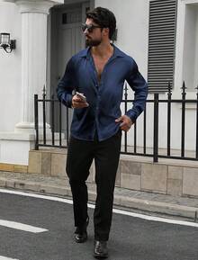Mens Silk Satin Shirts Long Sleeve Button Down Loose Fit Dress Shirt Luxury Party Prom Wedding Shirtshalloween - 寶藍色 - 查看 5