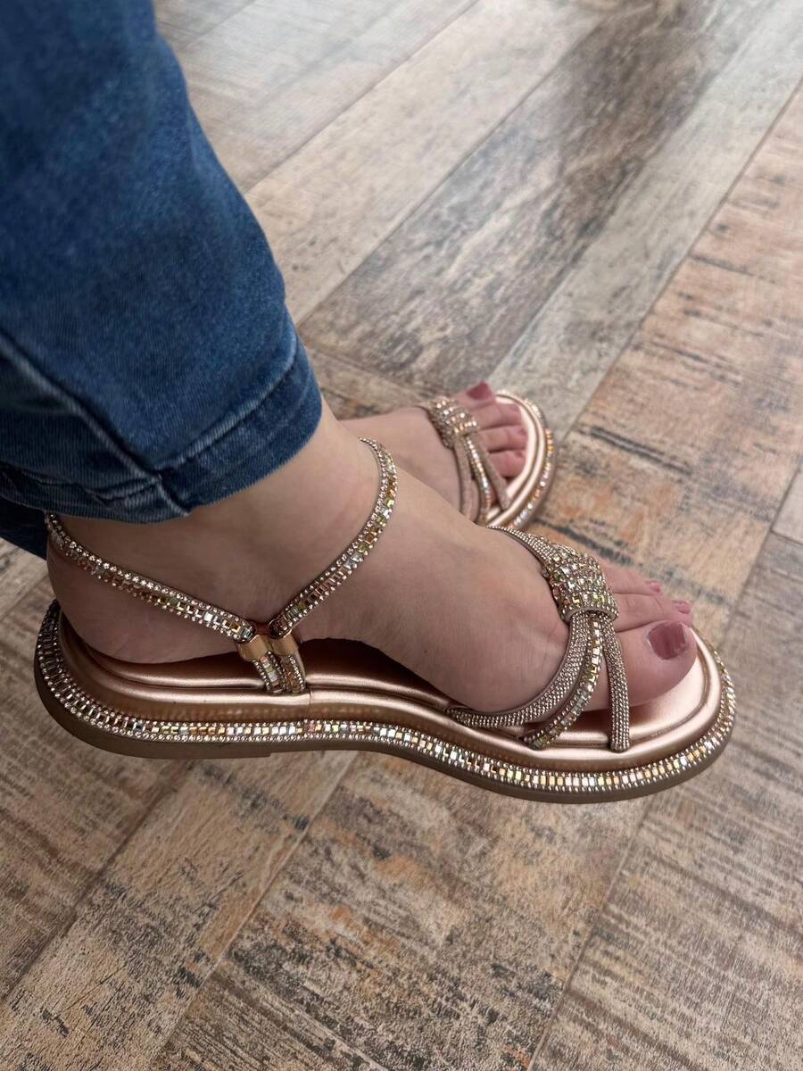 Women's Flat Platform Sandal With Rhinestones And Shine - Gold - View 1