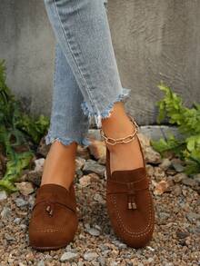 女士金属扣装饰软底休闲绒面平底鞋，春秋季，乐福鞋 - 棕色 - 查看 7