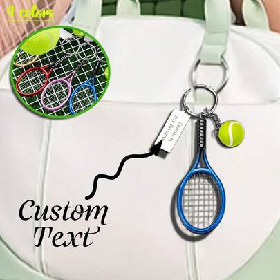 Porte-clés personnalisé de raquette de tennis avec étiquette à gravure personnalisée + mini balle de tennis, cadeau unique pour les joueurs de tennis/entraîneurs/fans, porte-clés de tennis mignon